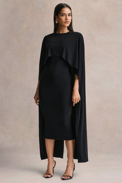 Kalani | Vestido Midi Negro con Cuello Redondo y Mangas Tipo Capa