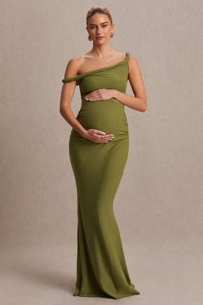 Lita | Vestido Largo premamá color oliva con escote asimétrico retorcido