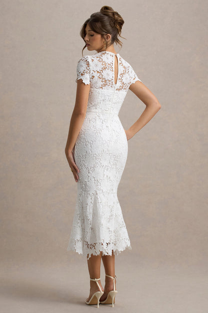 Clarissa | Vestido midi de encaje blanco con mangas cortas