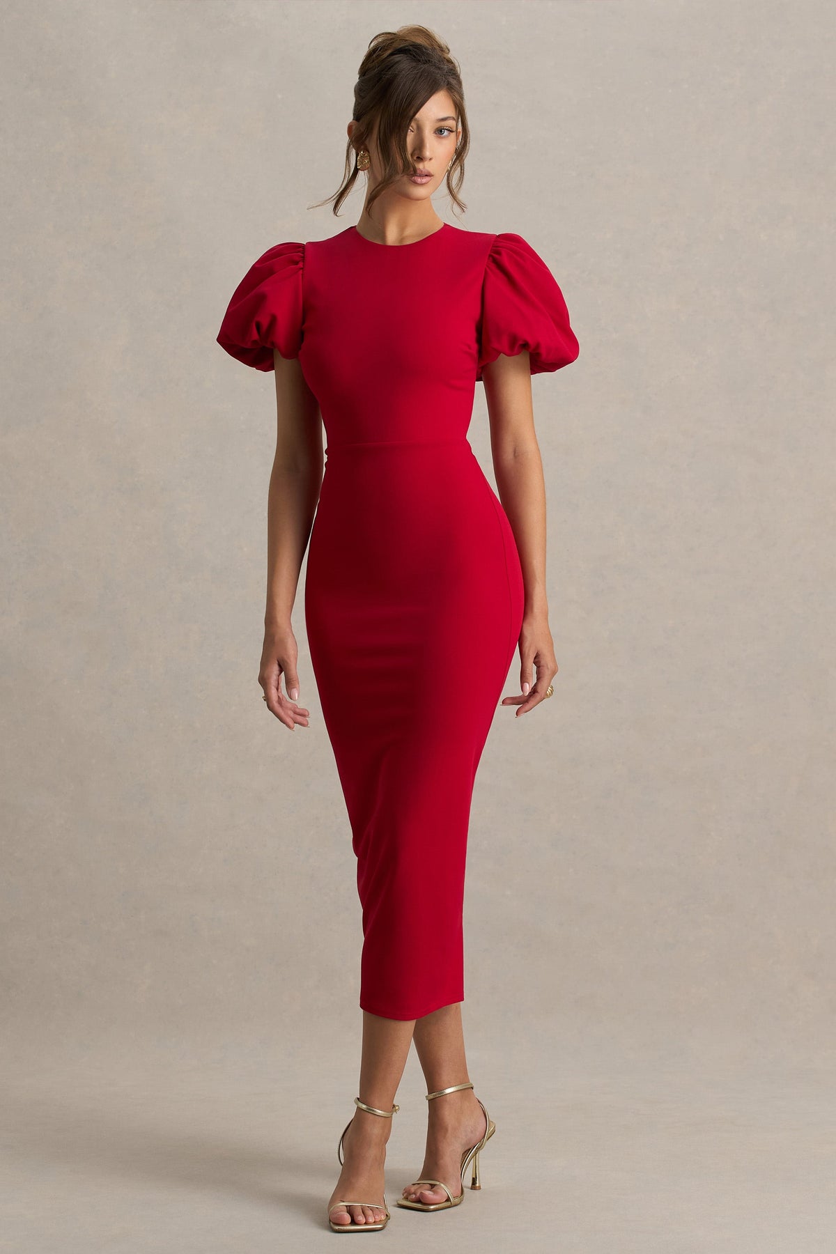 Dakota |  Vestido midi rojo con mangas abullonadas