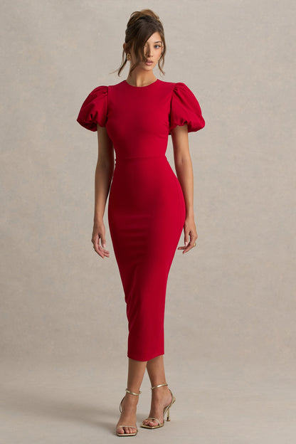 Dakota |  Vestido midi rojo con mangas abullonadas