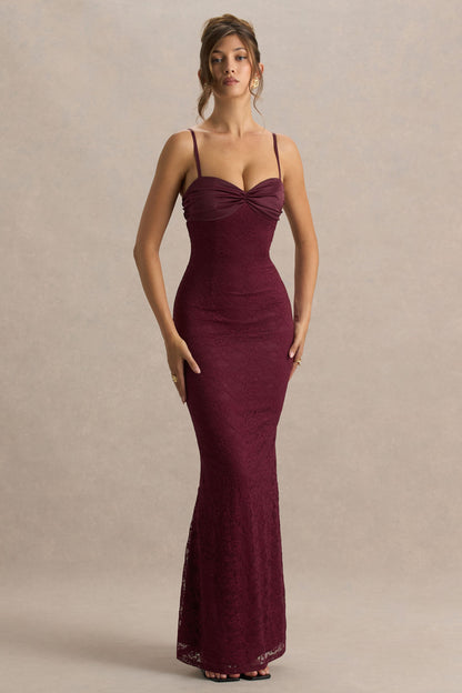 Juana | Vestido Largo de Encaje y Satén Burdeos con Escote Corazón