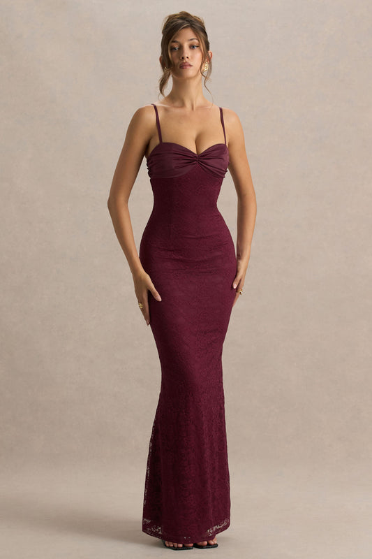 Juana | Vestido Largo de Encaje y Satén Burdeos con Escote Corazón