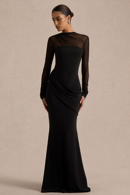 Deema | Vestido Largo Negro de Jersey y Malla con Cuello Alto