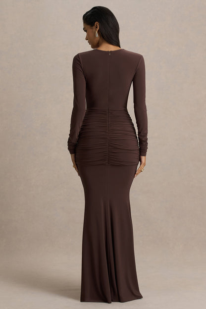 Saffie | Vestido Largo Chocolate De Escote Profundo Con Mangas Largas Y Detalles Fruncidos