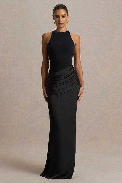 Akari | Vestido largo negro de cuello redondo con falda de satén