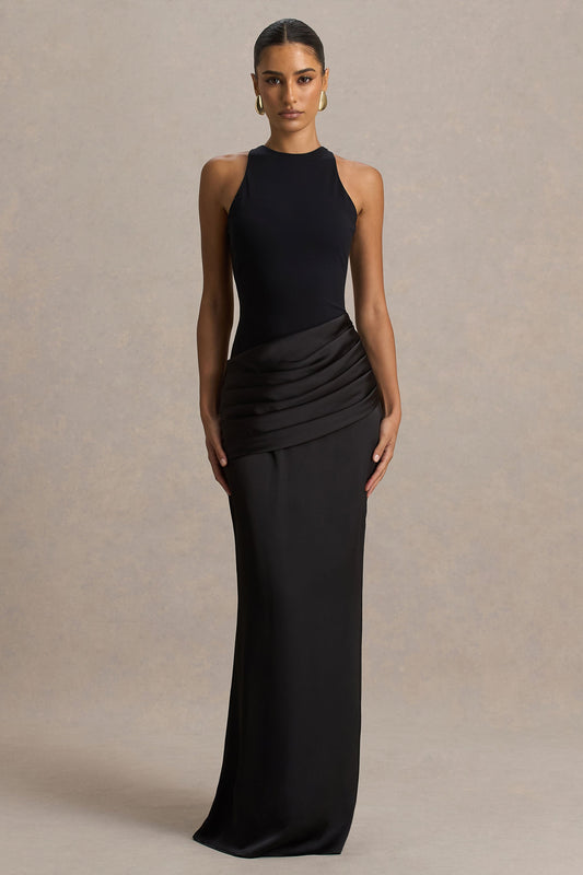 Akari | Vestido largo negro de cuello redondo con falda de satén