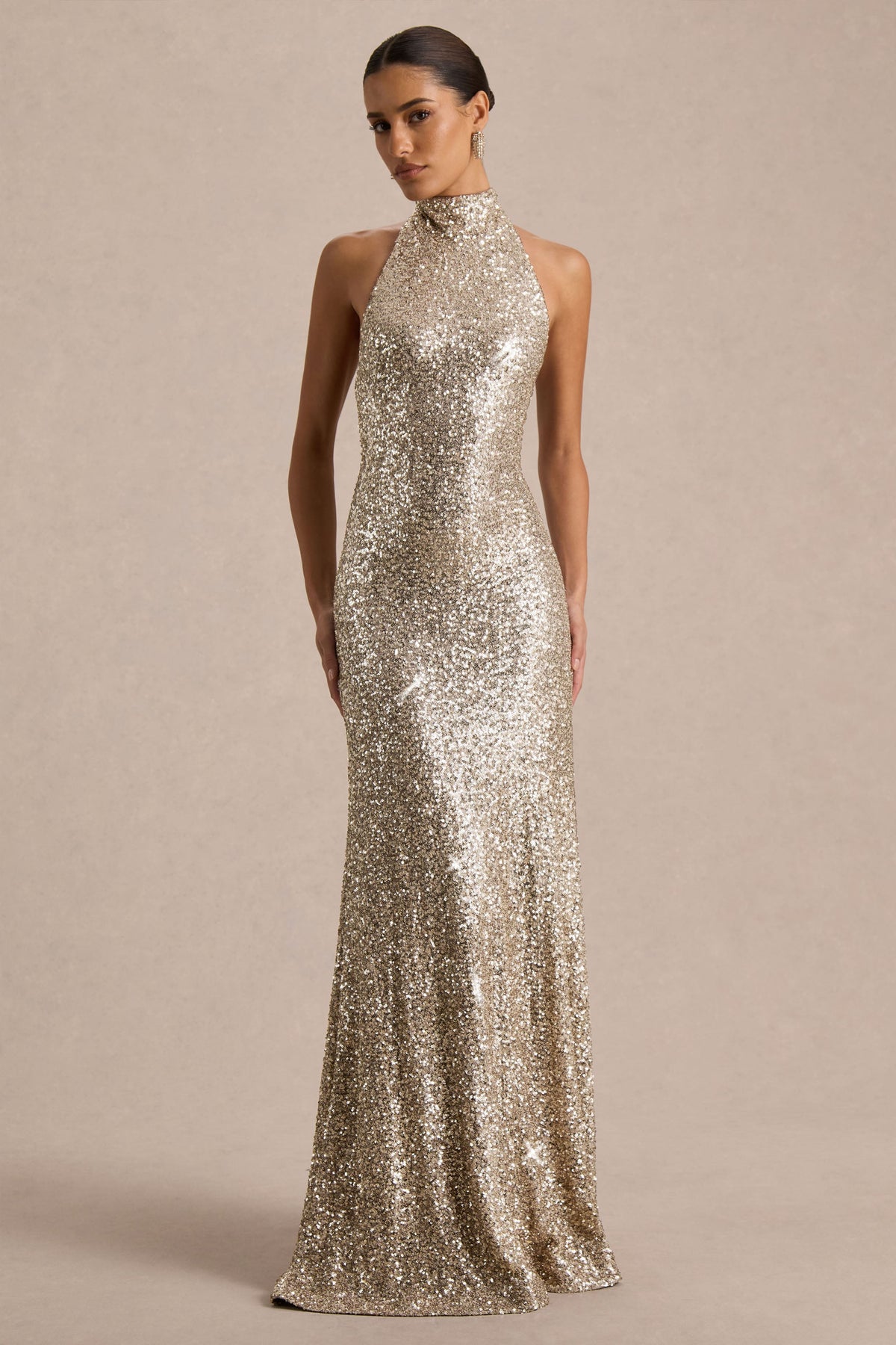 Tulia | Vestido Largo Champán de Lentejuelas con Escote Alto