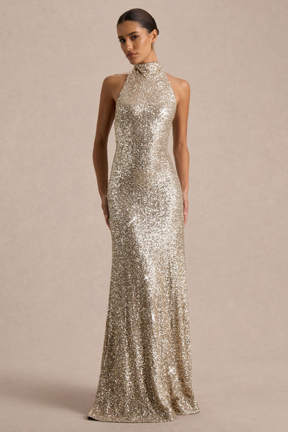 Tulia | Vestido Largo Champán de Lentejuelas con Escote Alto