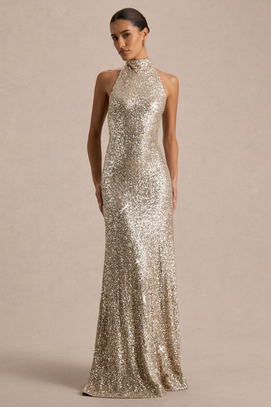 Tulia | Vestido Largo Champán de Lentejuelas con Escote Alto