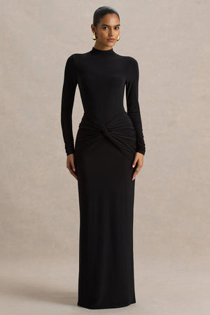 Alula | Vestido Largo Negro con Escote Alto y Detalle de Nudo