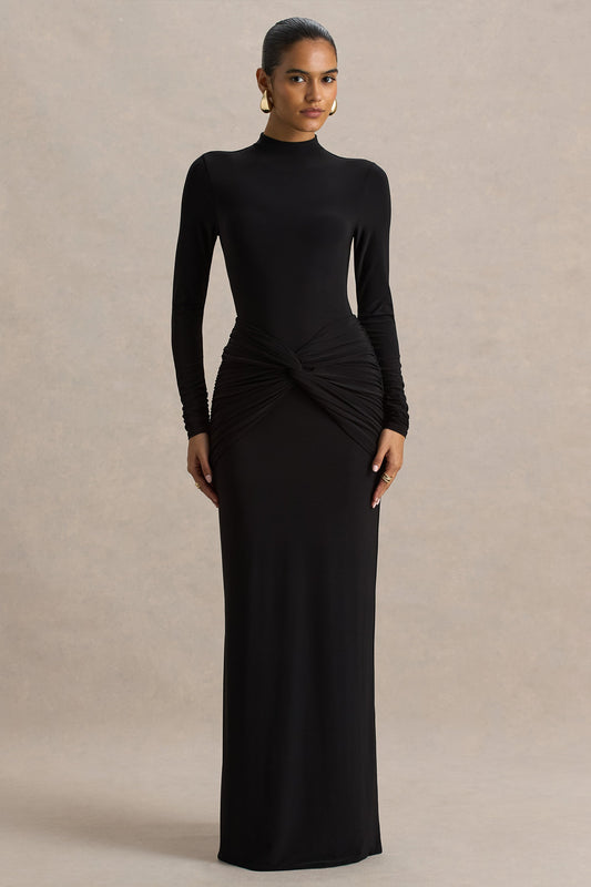 Alula | Vestido Largo Negro con Escote Alto y Detalle de Nudo