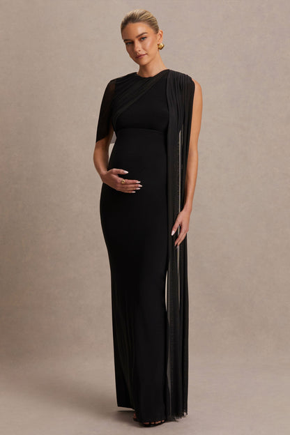Amelise | Vestido Largo Negro con Escote Alto, Manga Tipo Capa de Tul y Detalle de Fajín