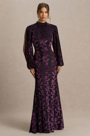Janet | Vestido Largo devoré negro y morado de cuello alto con detalles calados