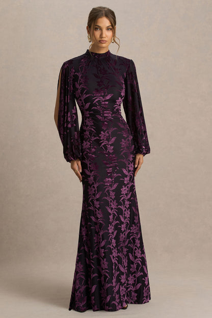 Janet | Vestido Largo devoré negro y morado de cuello alto con detalles calados