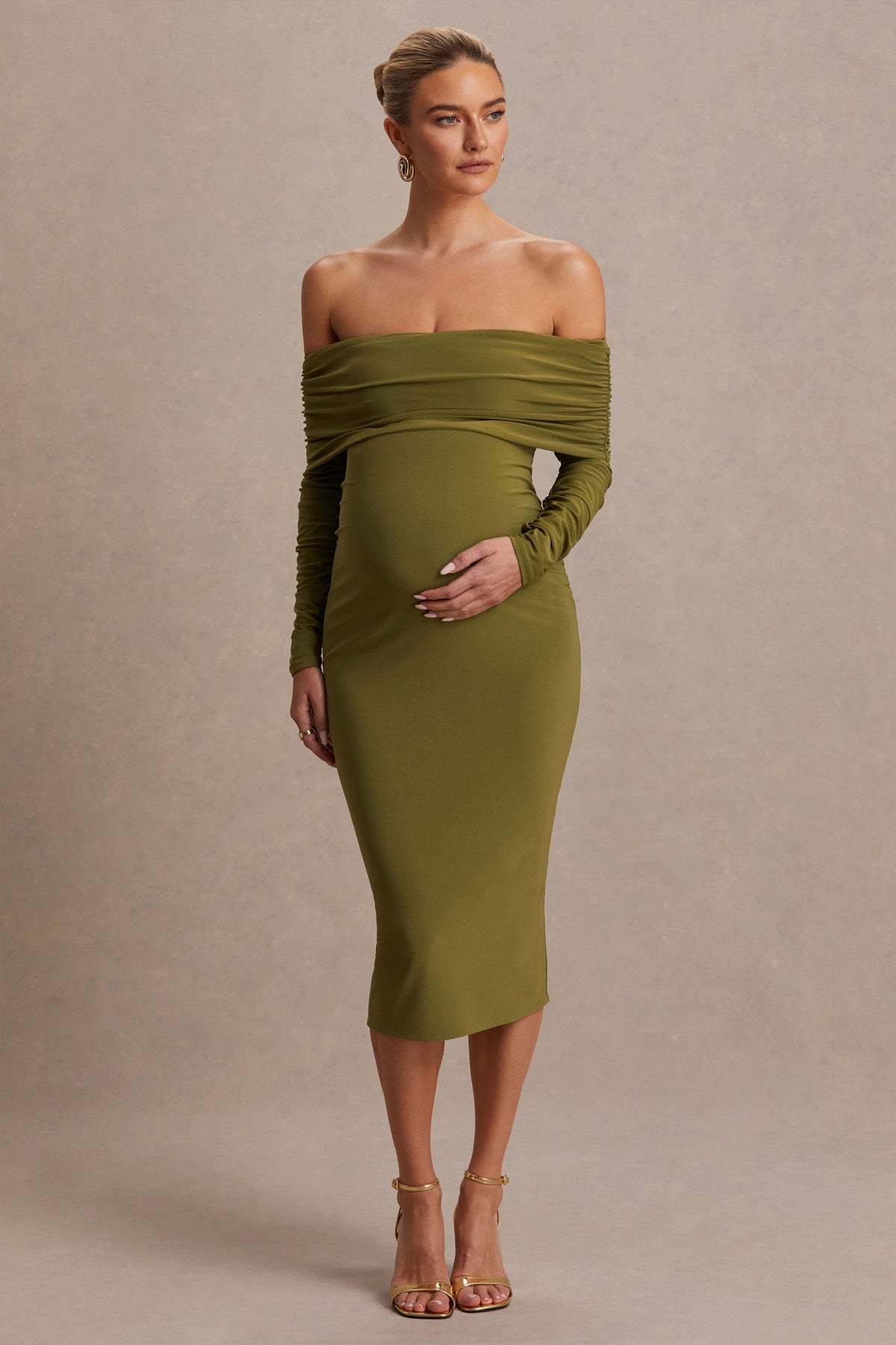 Elspeth | Vestido Midi Premamá con Escote Bardot, Color Oliva