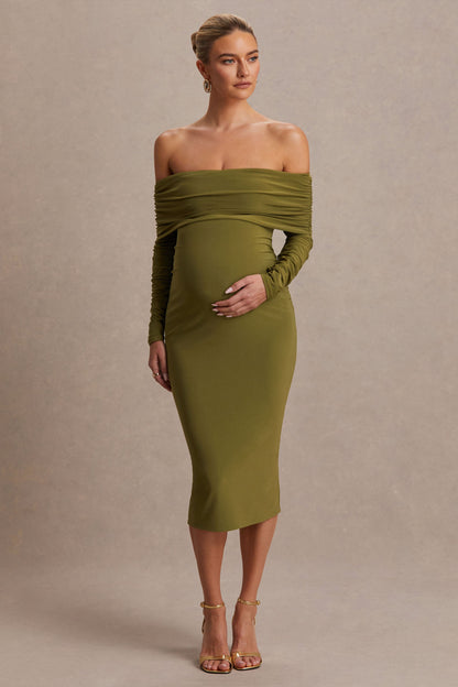 Elspeth | Vestido Midi Premamá con Escote Bardot, Color Oliva