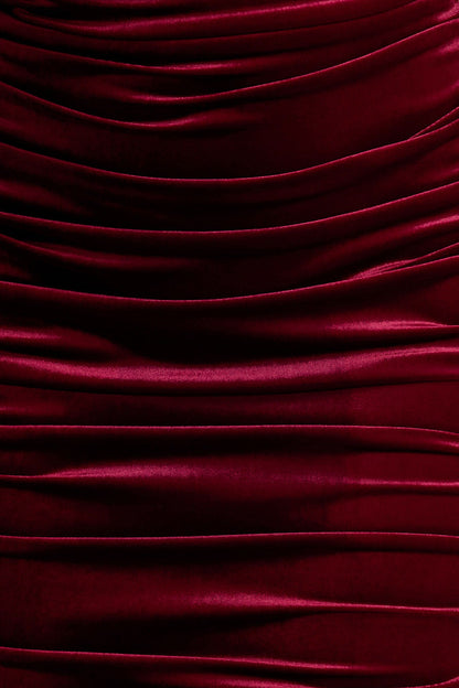 Apolline | Vestido largo de terciopelo burdeos fruncido y escote bardot