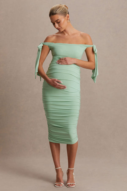 Chandelier | Vestido Midi premamá en verde Claro con Escote Bardot y Detalles de Lazo