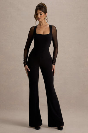 On Track | Mono negro de pierna acampanada con mangas transparentes