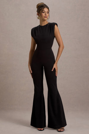 Elyna | Mono negro con hombros fruncidos y pantalones acampanados