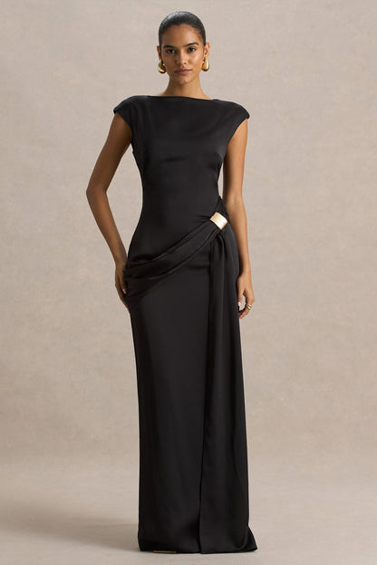 Influence | Vestido Largo Negro de Satén con Escote Alto y Detalles Fruncidos y Adornados