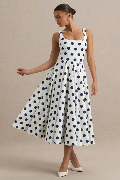 Berta | Vestido midi con escote cuadrado y falda volumen de lunares azul marino