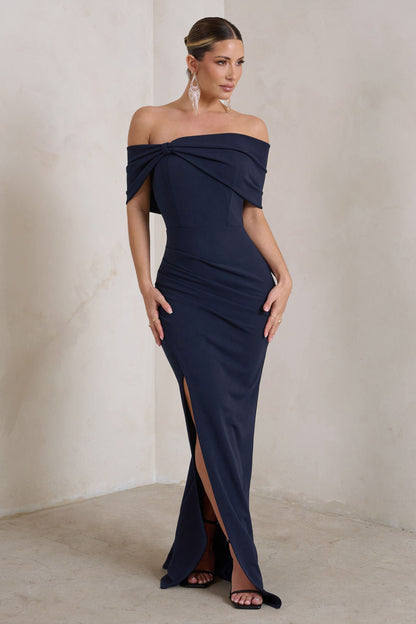 Eva | Vestido Largo Bardot Azul Marino con Lazo y Abertura en el Muslo