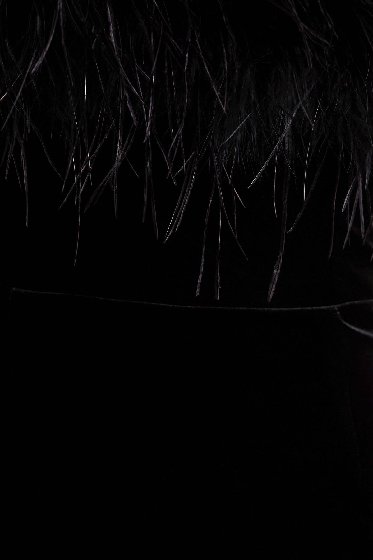 Arella | Vestido Largo de terciopelo negro con escote bandeau y ribete de plumas