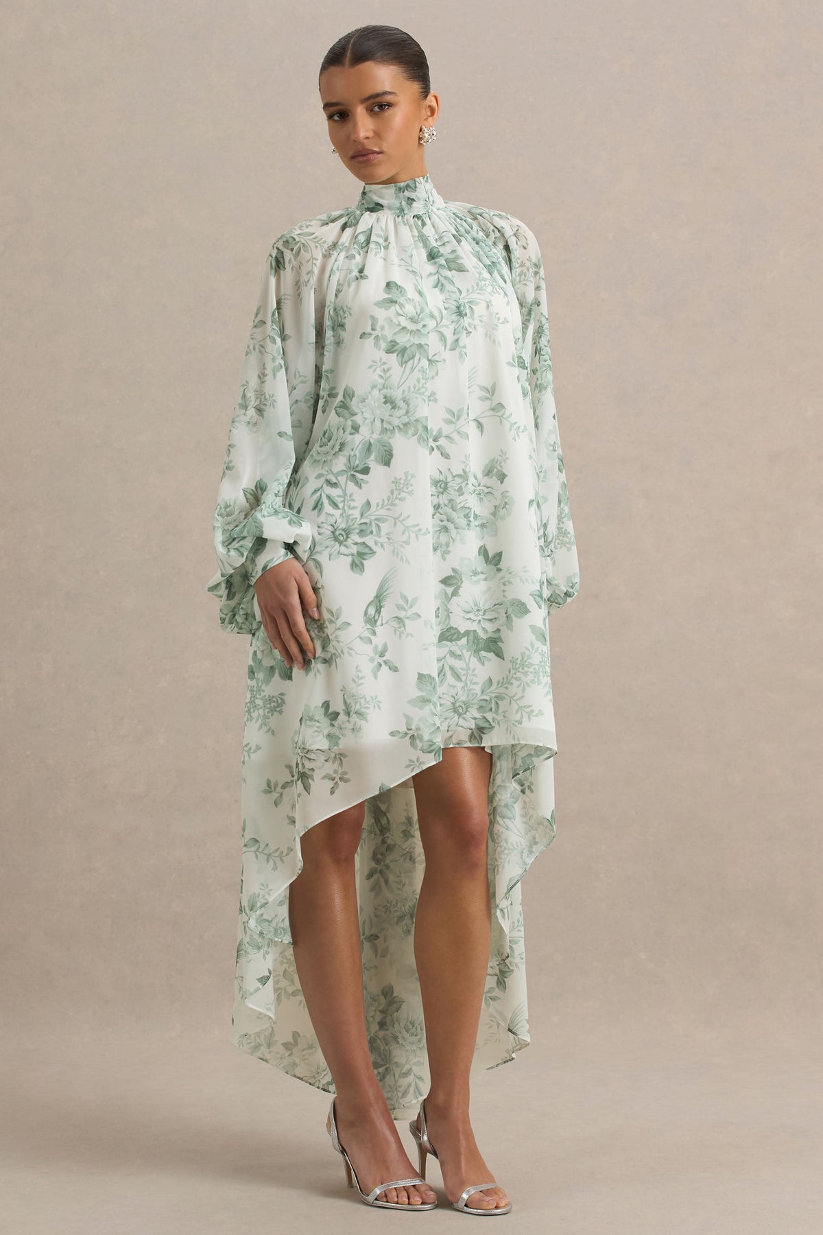Delphia | Vestido Largo de Chiffón  y Estampado Floral Verde