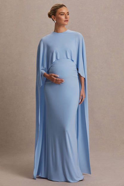 Padma | Vestido Largo Premamá Azul Polvo Drapeado con Mangas Capa