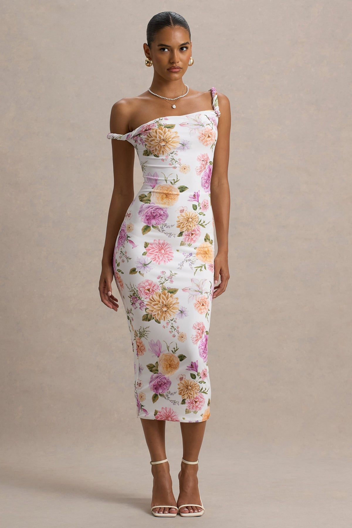 Nora | Vestido midi ajustado con escote asimétrico con detalle torcido con estampado floral