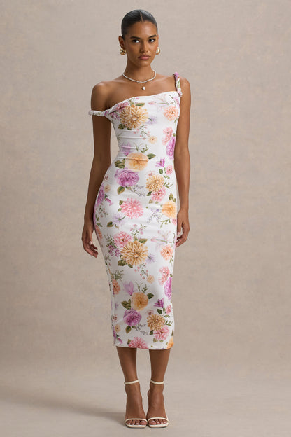 Nora | Vestido midi ajustado con escote asimétrico con detalle torcido con estampado floral