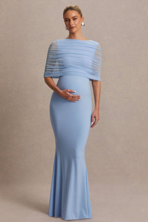 Zaria | Vestido Largo Azul Polvo con Escote Redondo y Capa Superpuesta