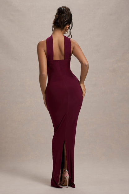 Nobu | Vestido largo con escote bandeau y cuello halter en color burdeos