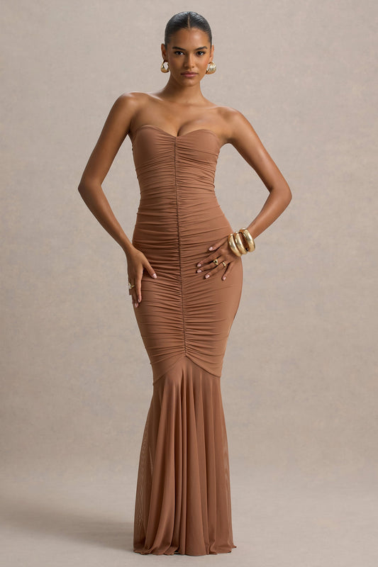 Talisa | Vestido Largo Moca con Frunces y Falda de Cola de Pez con Bajo de Malla