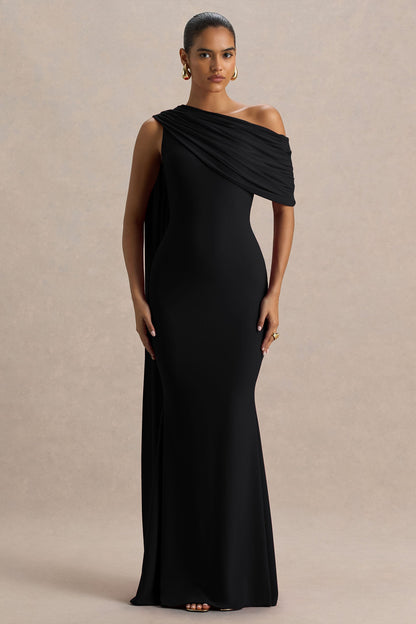 Zendaya | Vestido Largo Negro con Escote Asimétrico Cola de Pez y Detalle de Capa