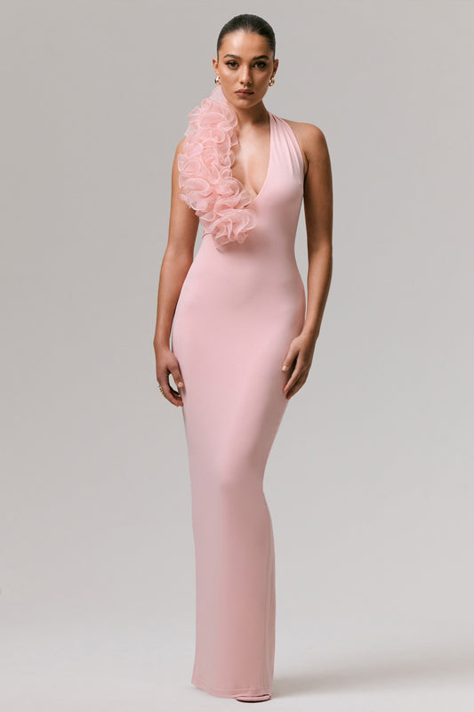 Harriet | Vestido largo rosa con escote pronunciado y detalle floral lateral