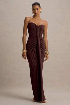 Ali | Vestido largo Marrón con escote corazón y detalles fruncidos