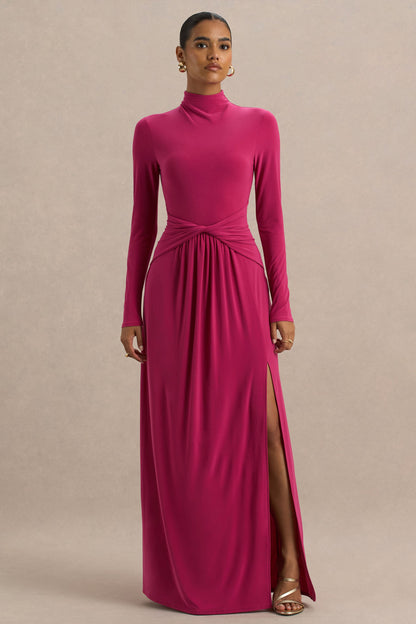 Hourglass | Vestido Largo Fucsia de Manga Larga con Escote alto, Detalle Cruzado en la Cintura y Abertura Frontal