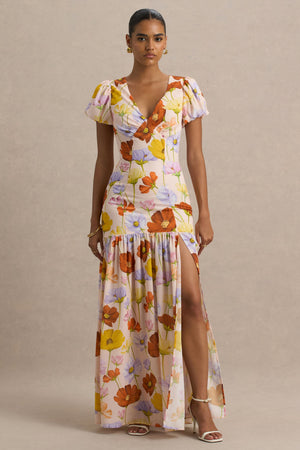Ginny | Vestido largo con estampado floral y mangas cortas abullonadas