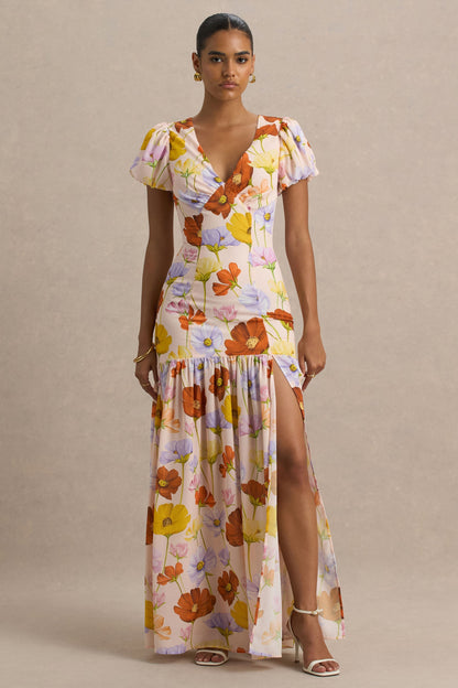 Ginny | Vestido largo con estampado floral y mangas cortas abullonadas