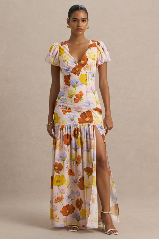 Ginny | Vestido largo con estampado floral y mangas cortas abullonadas