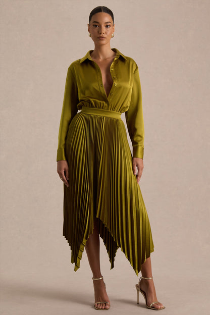 Naxos | Vestido Largo Camisero de Satén Color Oliva