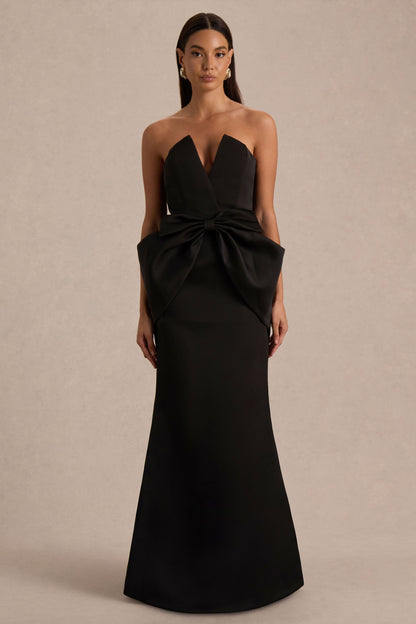 Sonata | Vestido Largo Negro de Satén con Escote Bandeau y Falda Tulipán