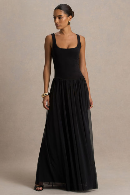 Amelia | Vestido Largo Negro Con Escote Redondeado Cintura Baja Y Flada Plisada