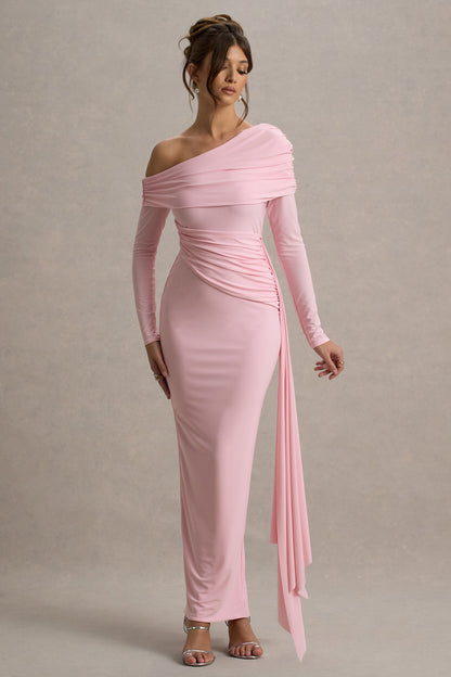 Valina | Vestido largo rosa con mangas largas y drapeado lateral