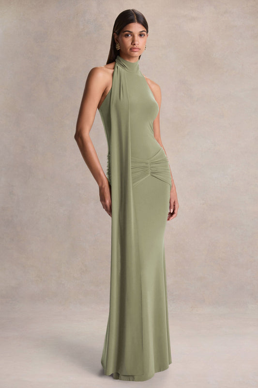 Hyla | Vestido Largo Verde con Escote Alto y Detalle de Fajín