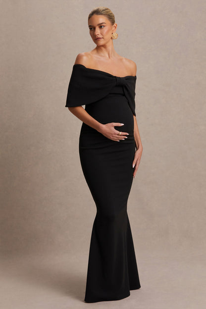 Libra | Vestido largo premamá con lazo negro y escote bardot