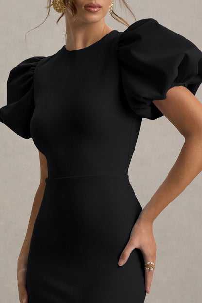 Dakota |  Vestido midi negro con mangas abullonadas